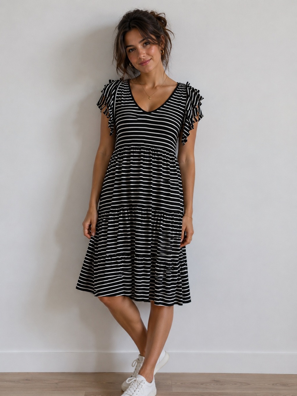 Max Studio Black White Stripe Tiered Midi Dress Ruffle Sleeve Small